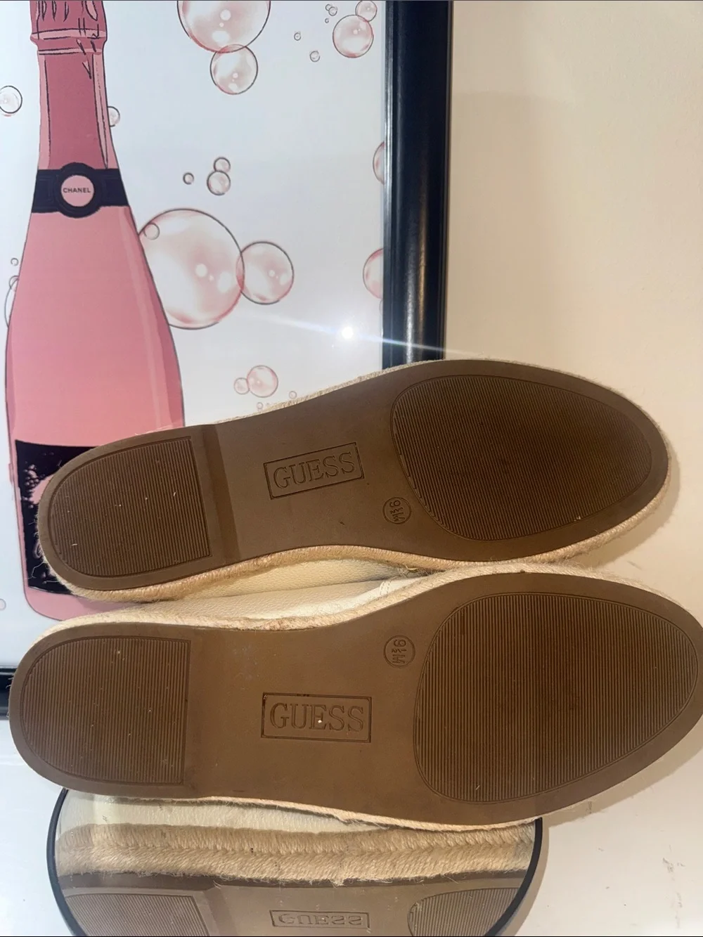 Guess Cream Leather Espadrille Loafers with Gold Guess Charm - Women’s Size 9.5M